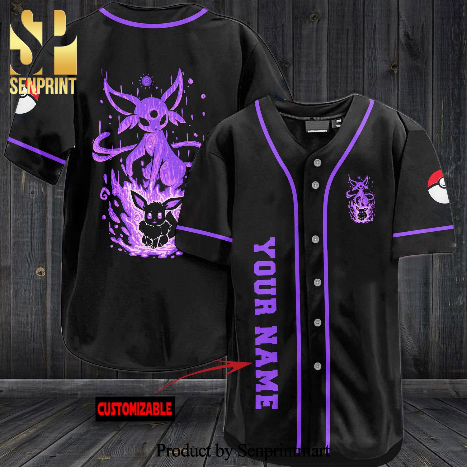 Personalized Espeon All Over Print Baseball Jersey – Black