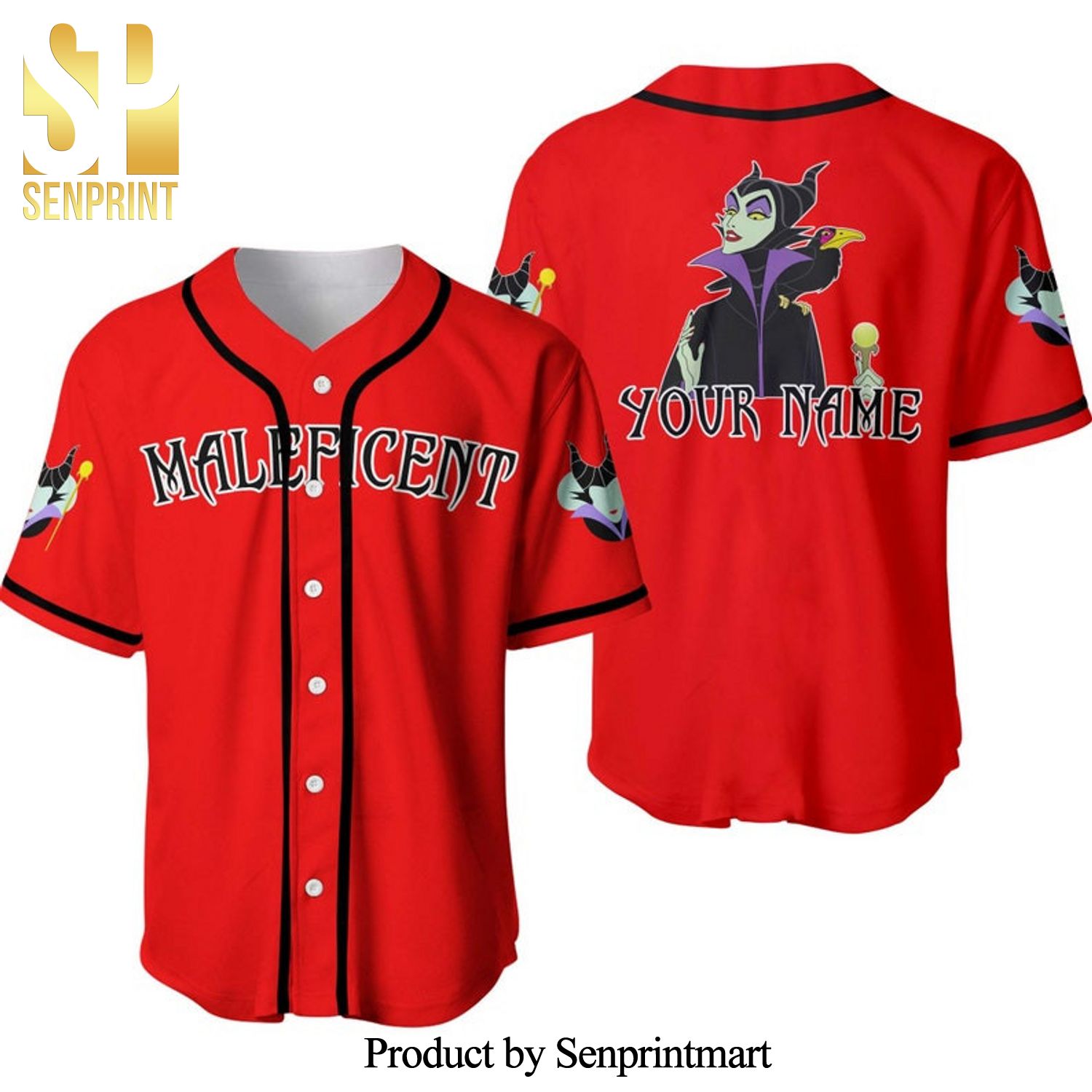 Personalized Evil Queen Maleficent Disney All Over Print Baseball Jersey – Red