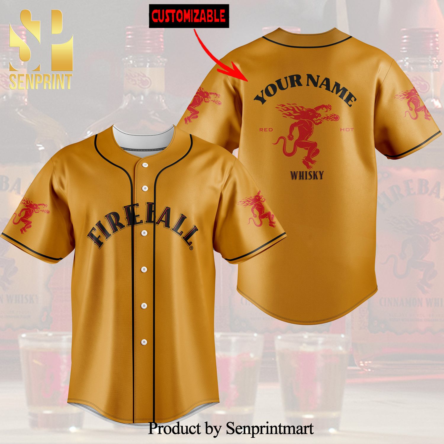 Personalized Fireball Cinnamon Whisky All Over Print Unisex Baseball Jersey – Orange