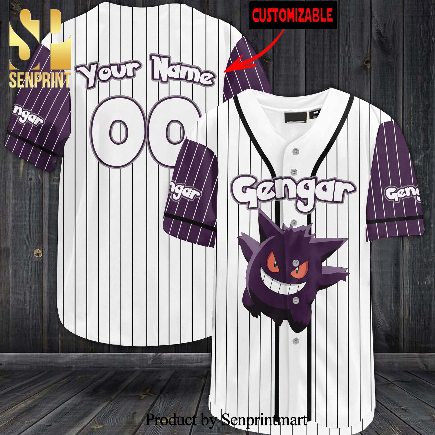 Personalized Gengar All Over Print Baseball Jersey – White