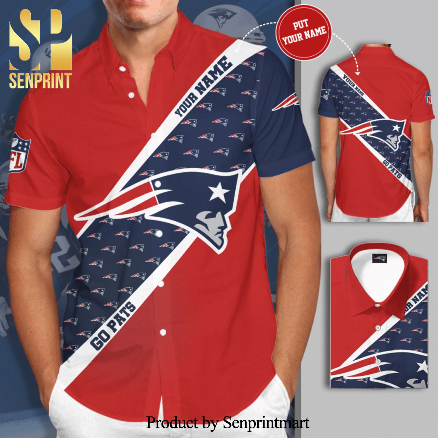 Personalized New England Patriots Big Logo Go Pats Full Printing Short Sleeve Dress Shirt Hawaiian Summer Aloha Beach Shirt – Red Navy