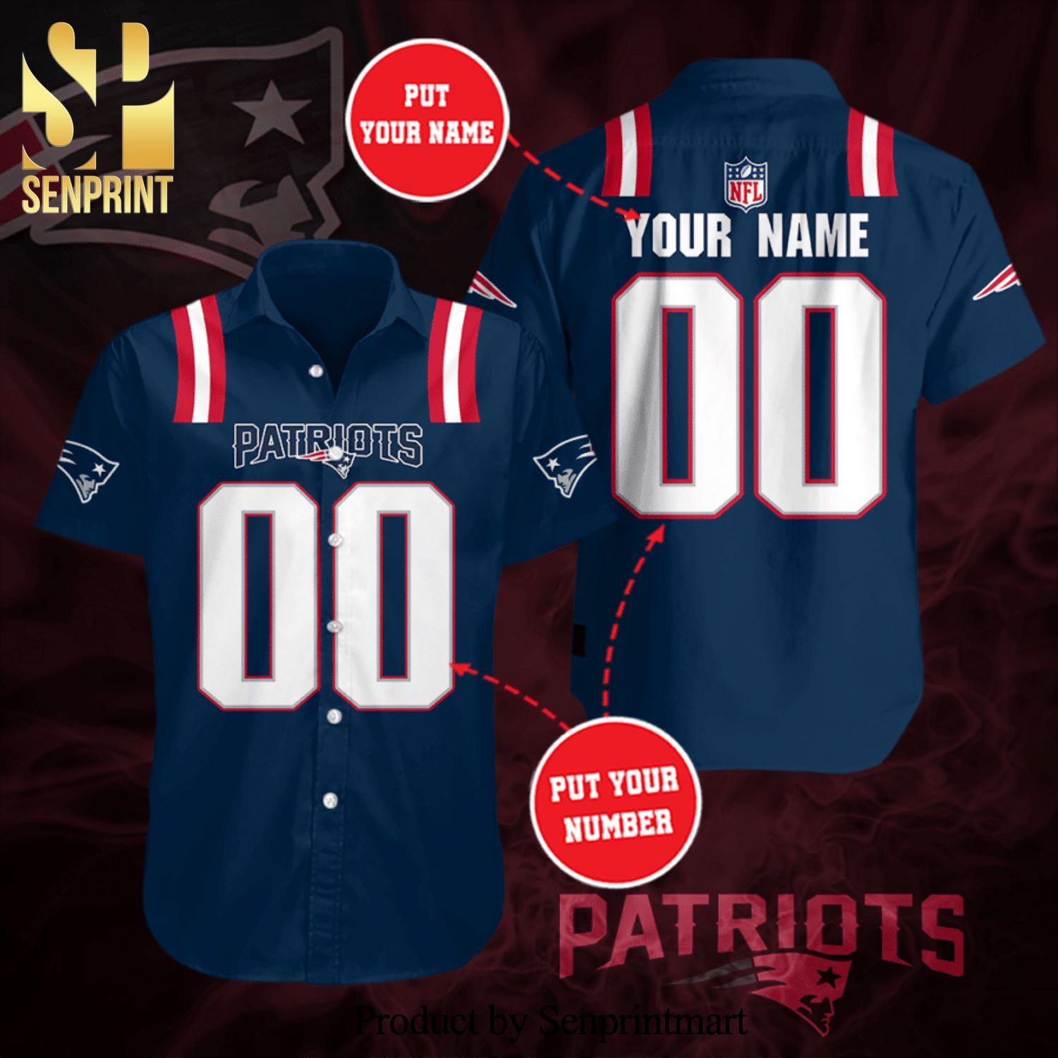 Personalized New England Patriots Full Printing Short Sleeve Dress Shirt Hawaiian Summer Aloha Beach Shirt – Navy