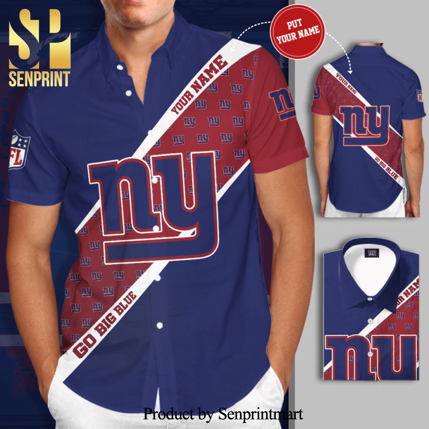 Personalized New York Giants Big Logo Go Big Blue Full Printing Short Sleeve Dress Shirt Hawaiian Summer Aloha Beach Shirt – Navy Red