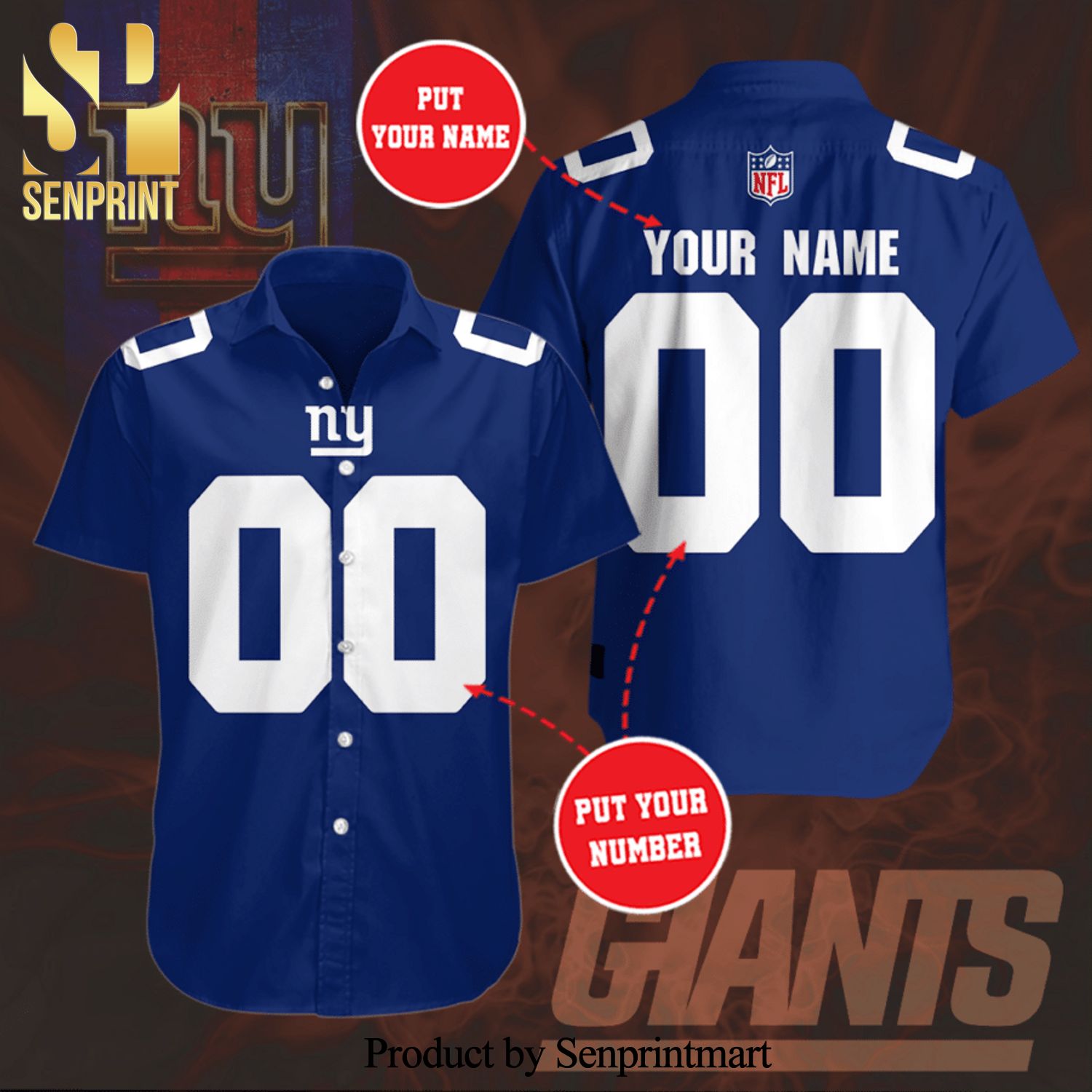 Personalized New York Giants Full Printing Short Sleeve Dress Shirt Hawaiian Summer Aloha Beach Shirt – Neon Blue