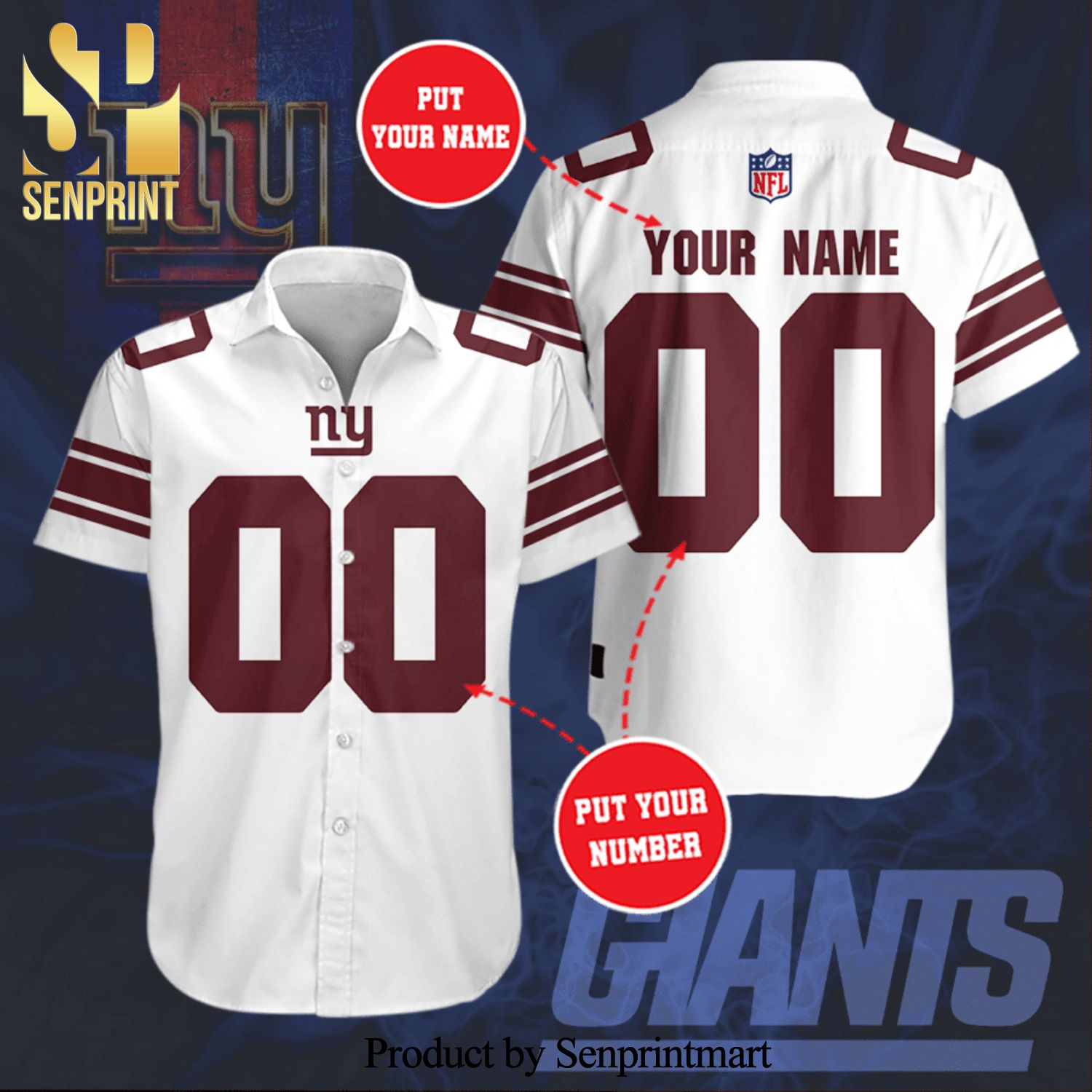 Personalized New York Giants Full Printing Short Sleeve Dress Shirt Hawaiian Summer Aloha Beach Shirt – White