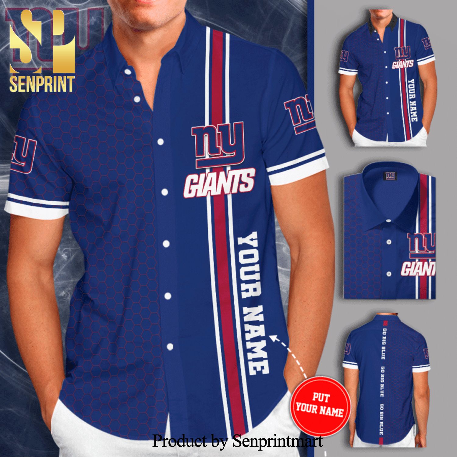 Personalized New York Giants Go Big Blue Full Printing Tiling Short Sleeve Dress Shirt Hawaiian Summer Aloha Beach Shirt – Neon Blue
