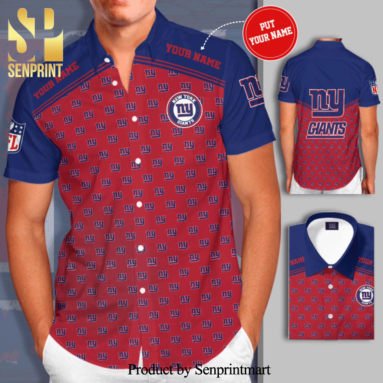 Personalized New York Giants Logo Full Printing Short Sleeve Dress Shirt Hawaiian Summer Aloha Beach Shirt – Garnet Neon Blue