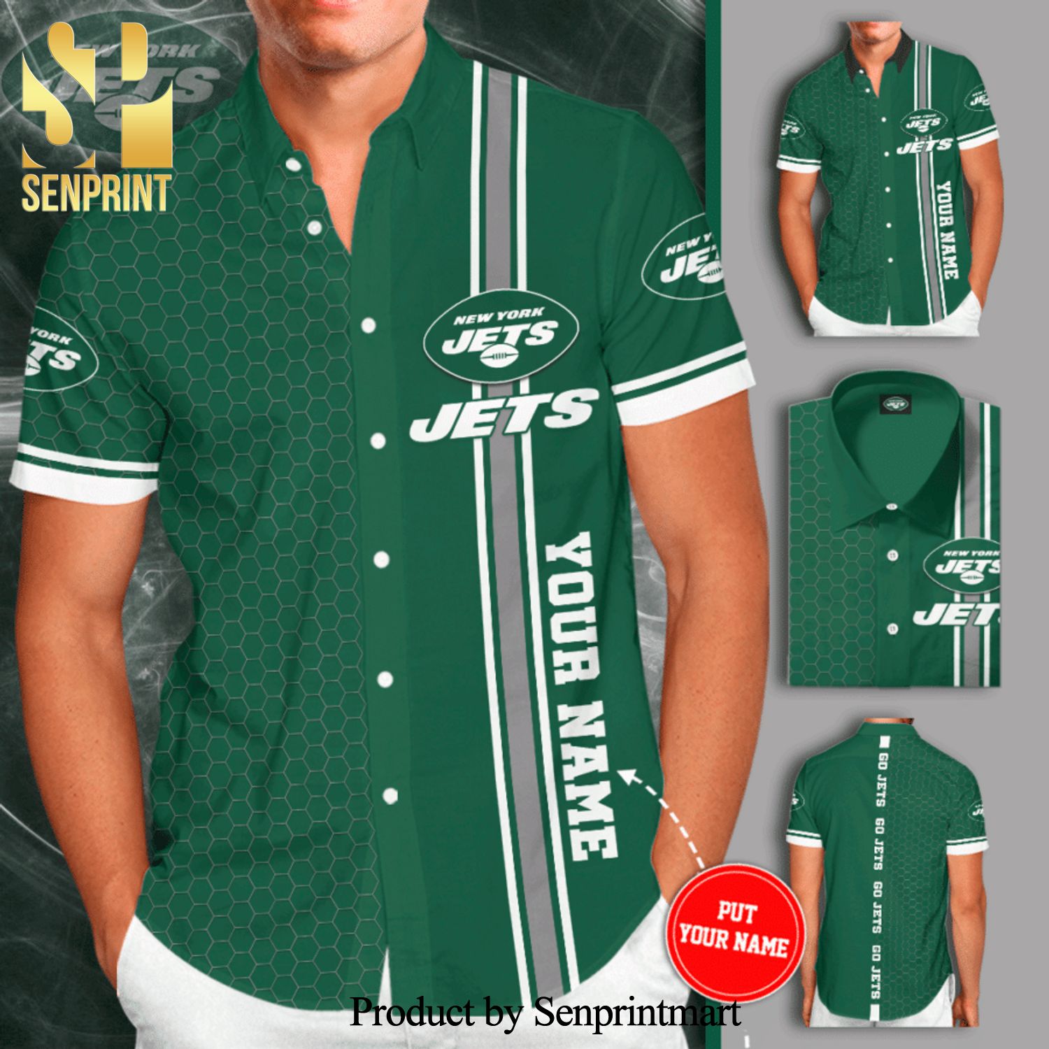 Personalized New York Jets Go Jets Full Printing Tiling Short Sleeve Dress Shirt Hawaiian Summer Aloha Beach Shirt – Green