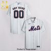 Personalized New York Mets Full Printing Pinstripe Short Sleeve Dress Shirt Hawaiian Summer Aloha Beach Shirt – White
