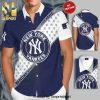 Personalized New York Mets Full Printing Pinstripe Short Sleeve Dress Shirt Hawaiian Summer Aloha Beach Shirt – White