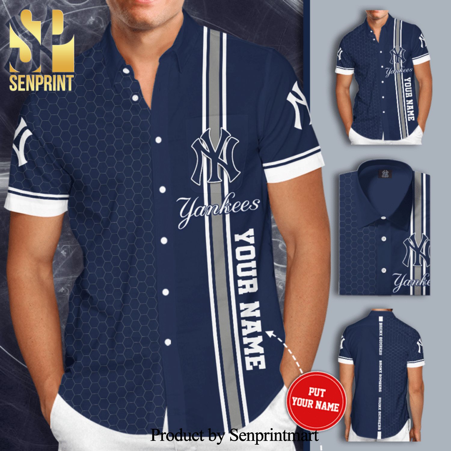 Personalized New York Yankees Full Printing Short Sleeve Dress Shirt  Hawaiian Summer Aloha Beach Shirt - Navy - Senprintmart Store