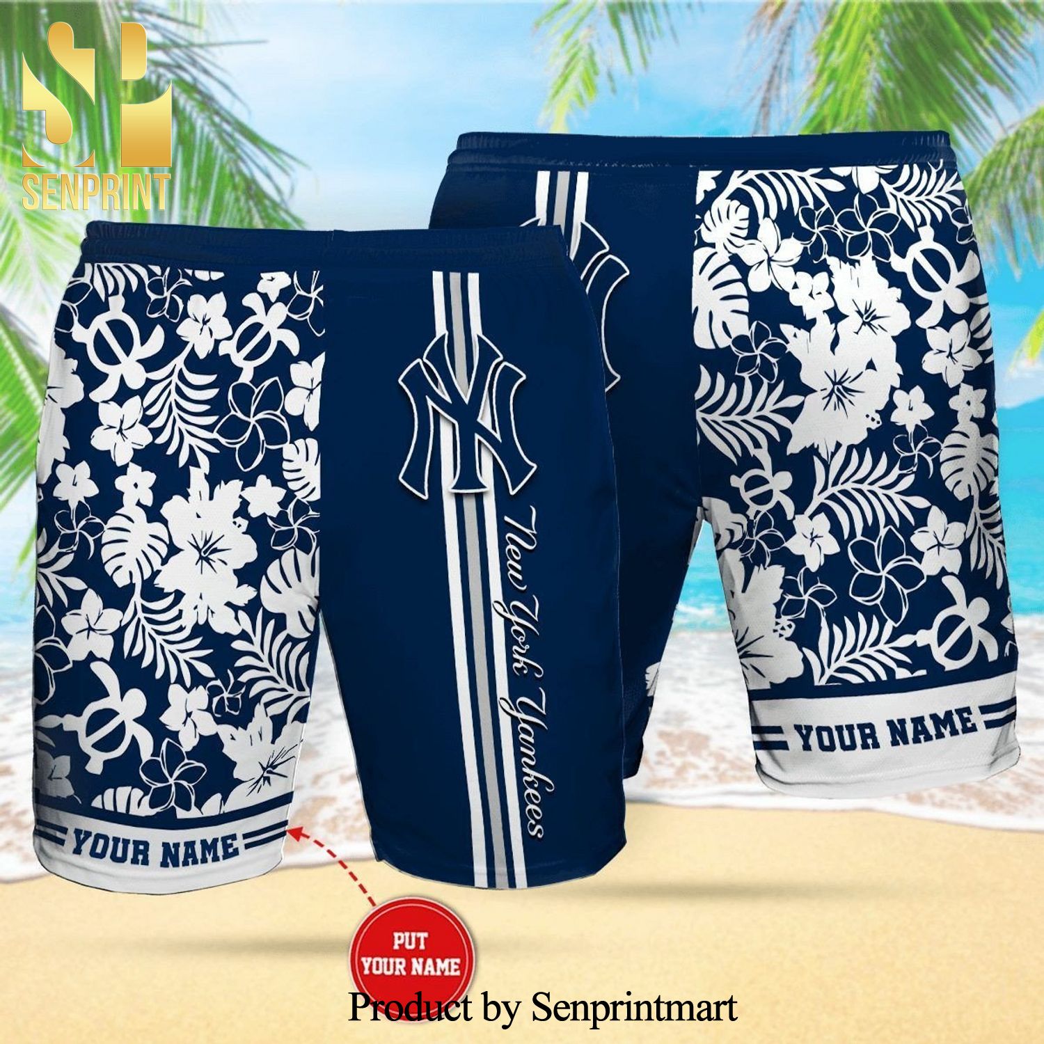 Personalized New York Yankees Full Printing Stripes Flowery Summer Beach Shorts – Navy