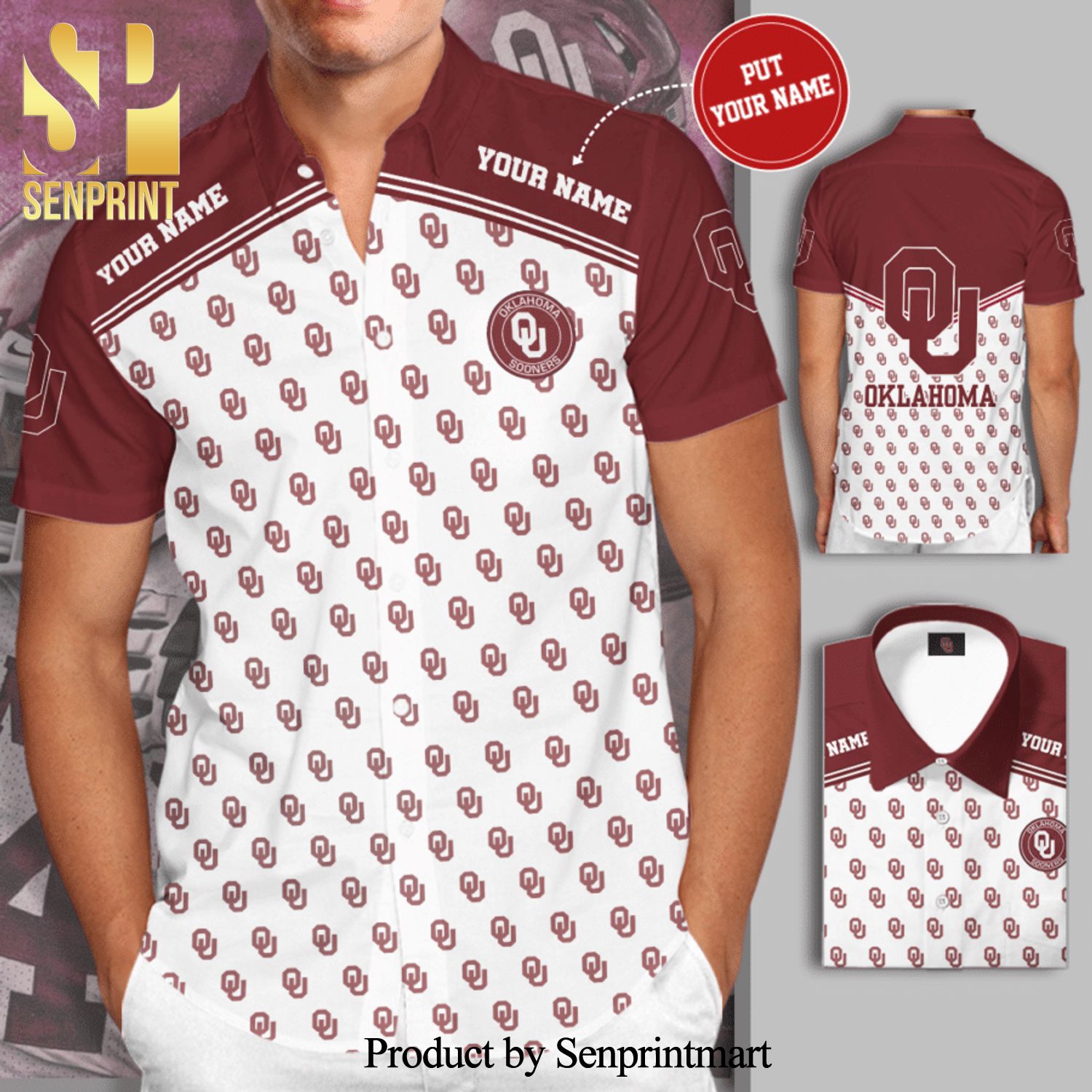 Personalized Oklahoma Sooners Logo Full Printing Short Sleeve Dress Shirt Hawaiian Summer Aloha Beach Shirt – White Garnet