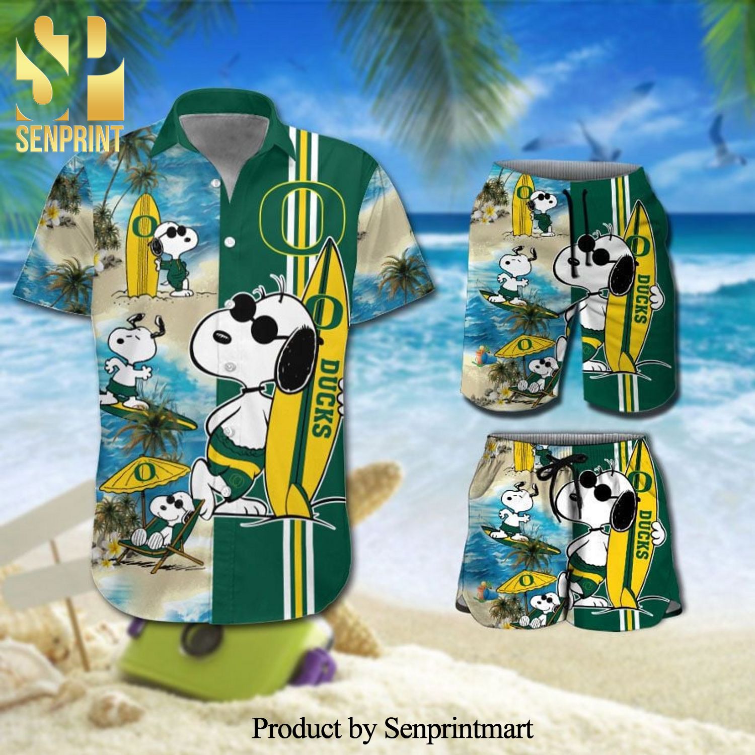 Personalized Oregon Ducks Snoopy Surfing On The Beach Full Printing Combo Hawaiian Shirt And Beach Shorts – Green