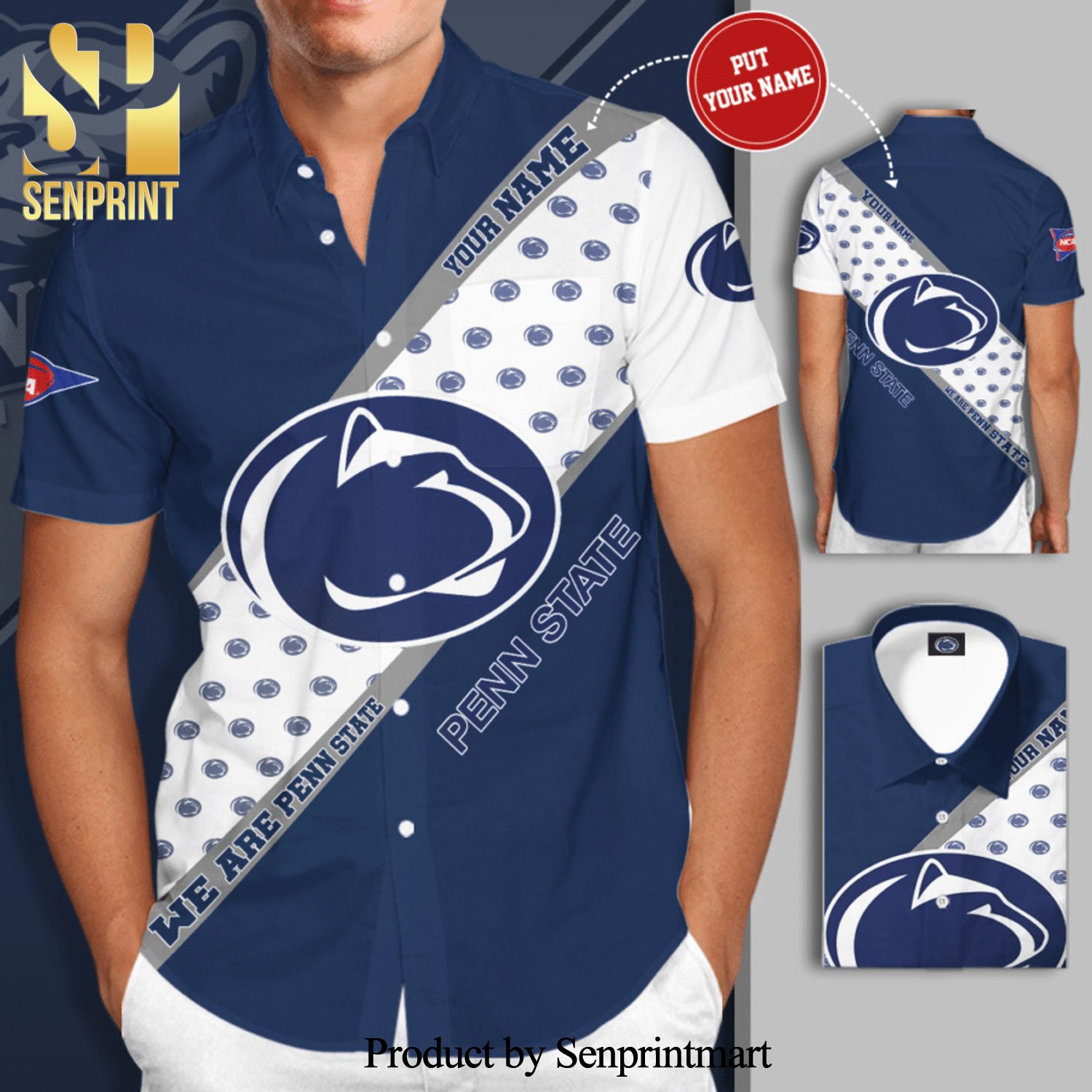 Personalized Penn State Nittany Lions Big Logo We Are Penn State Full Printing Short Sleeve Dress Shirt Hawaiian Summer Aloha Beach Shirt – Cobalt White