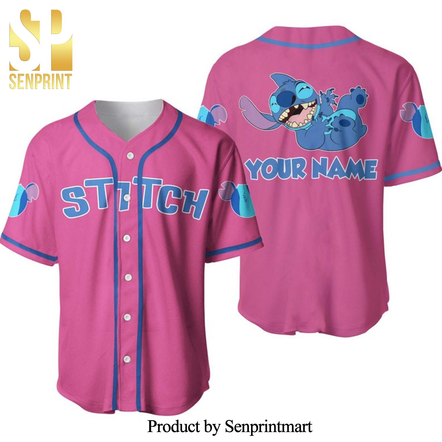 Personalized Happy Stitch Disney All Over Print Baseball Jersey – Pink