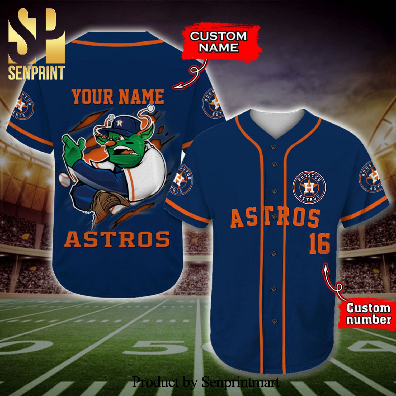 Personalized Houston Astros Mascot Full Printing Baseball Jersey – Navy
