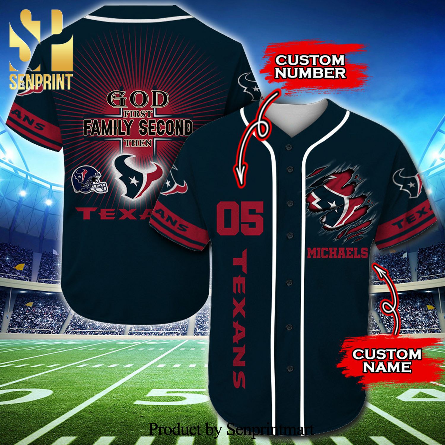 Personalized Houston Texans God First Family Second Full Printing Baseball Jersey