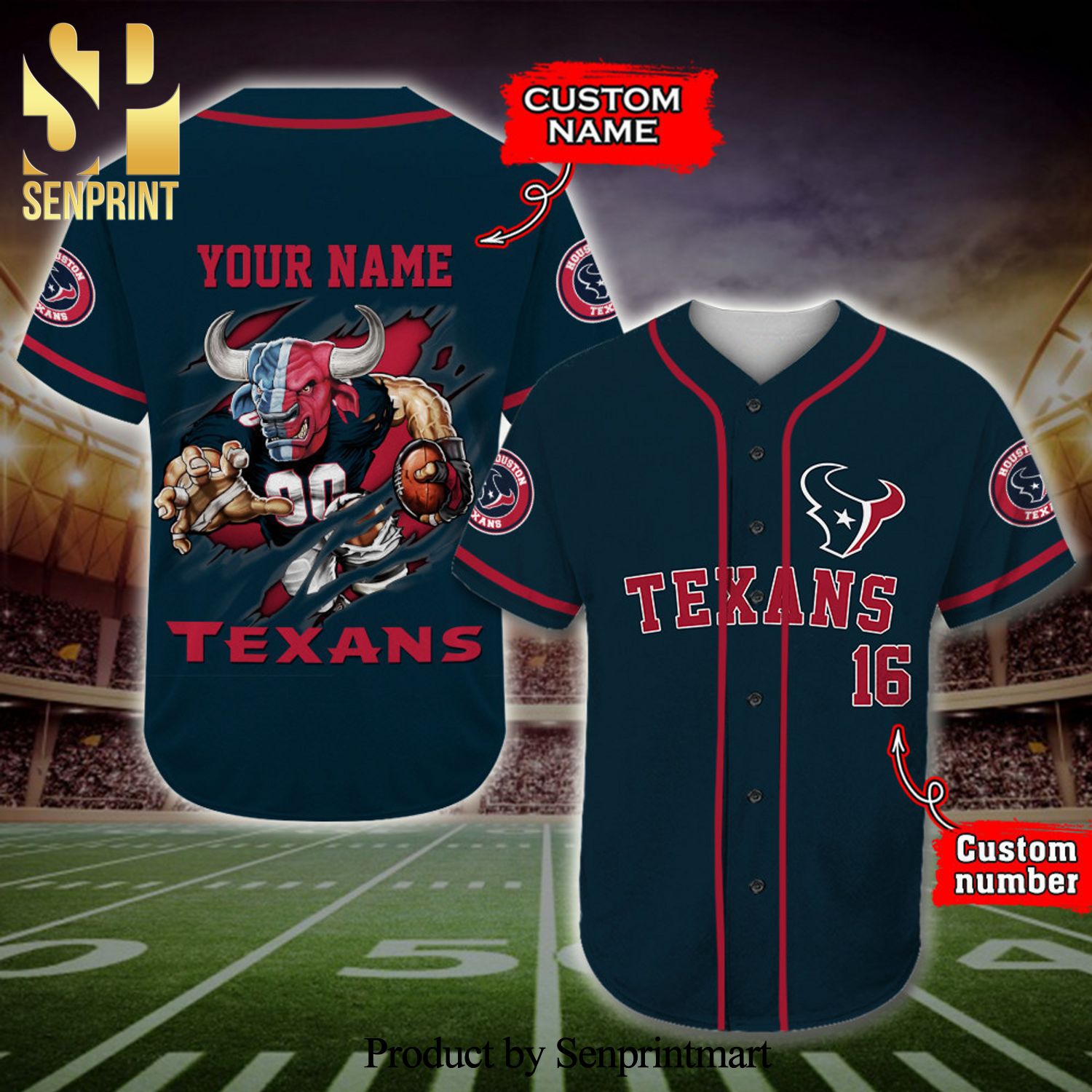 Personalized Houston Texans Mascot Full Printing Baseball Jersey – Navy