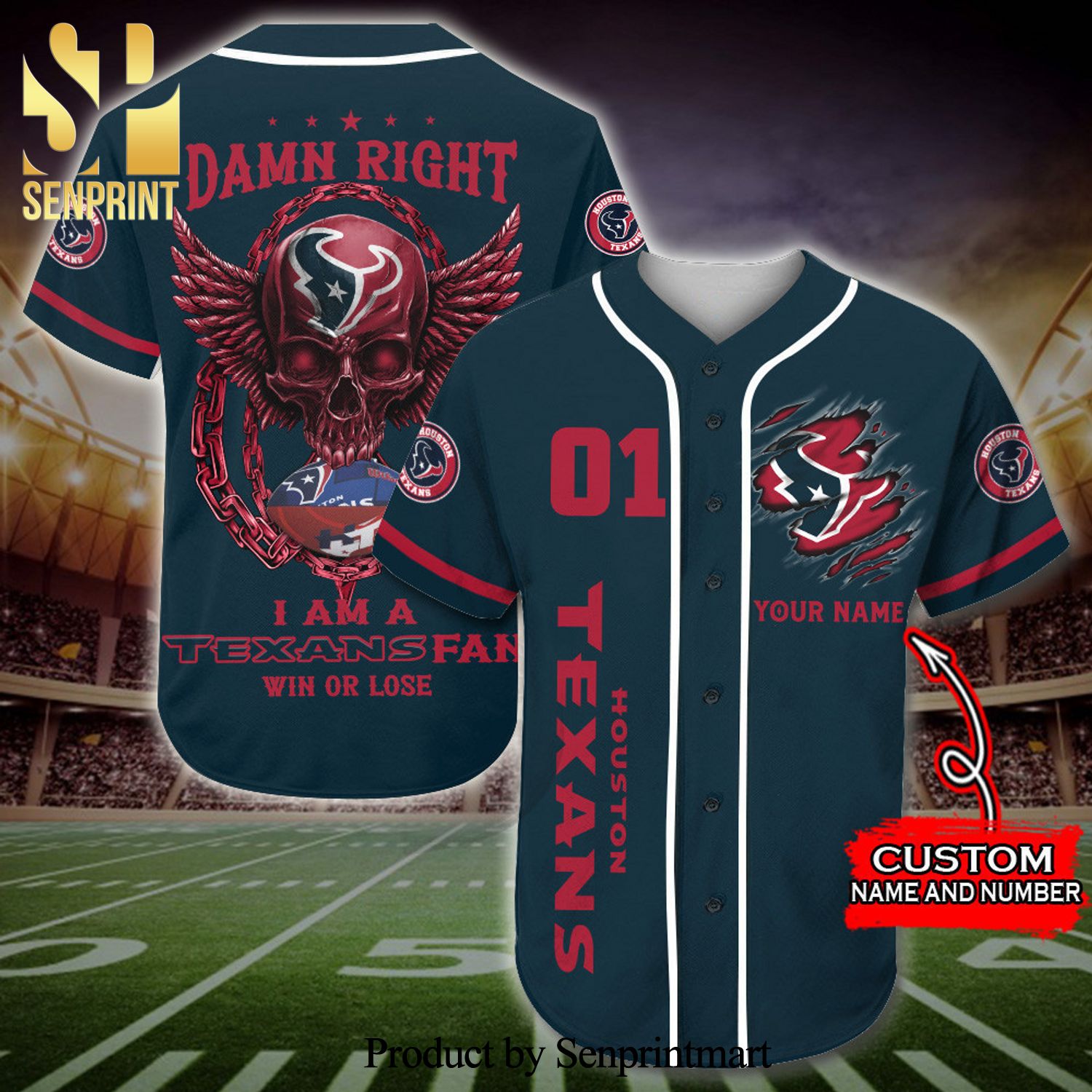 Personalized Houston Texans Skull Damn Right Full Printing Baseball Jersey