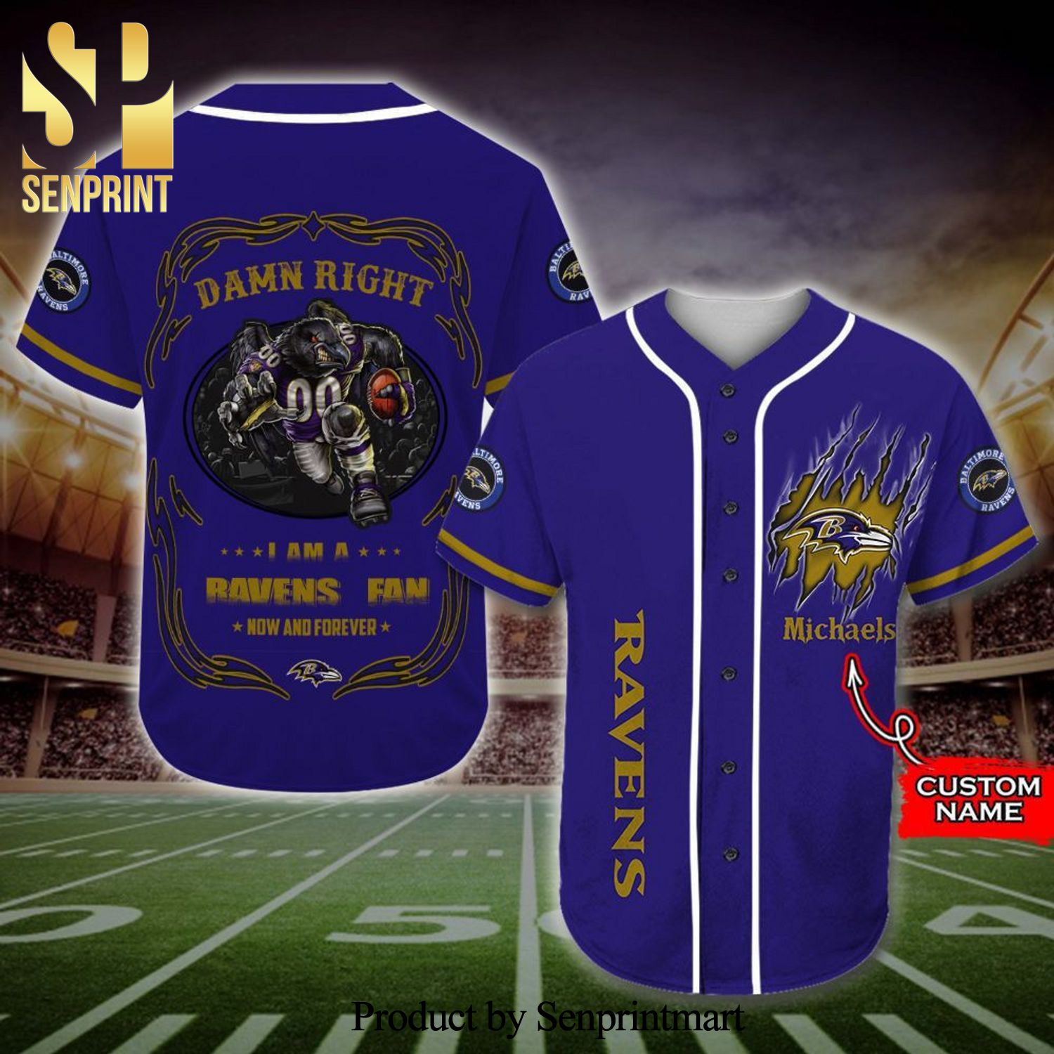 Personalized I Am A Baltimore Ravens Fan Mascot Full Printing Baseball Jersey – Blue