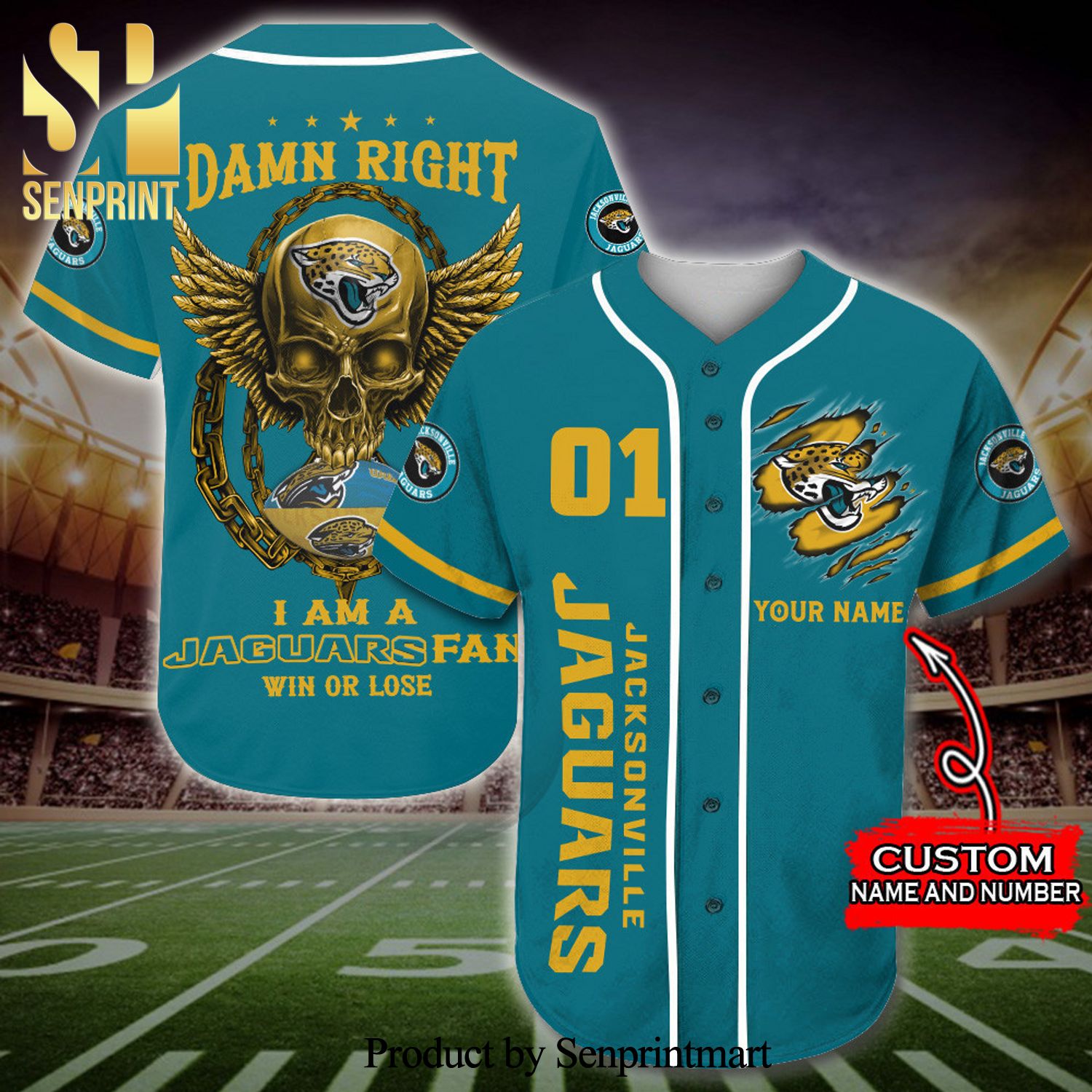 Personalized I Am A Jacksonville Jaguars Fan Skull Full Printing Baseball Jersey – Cyan
