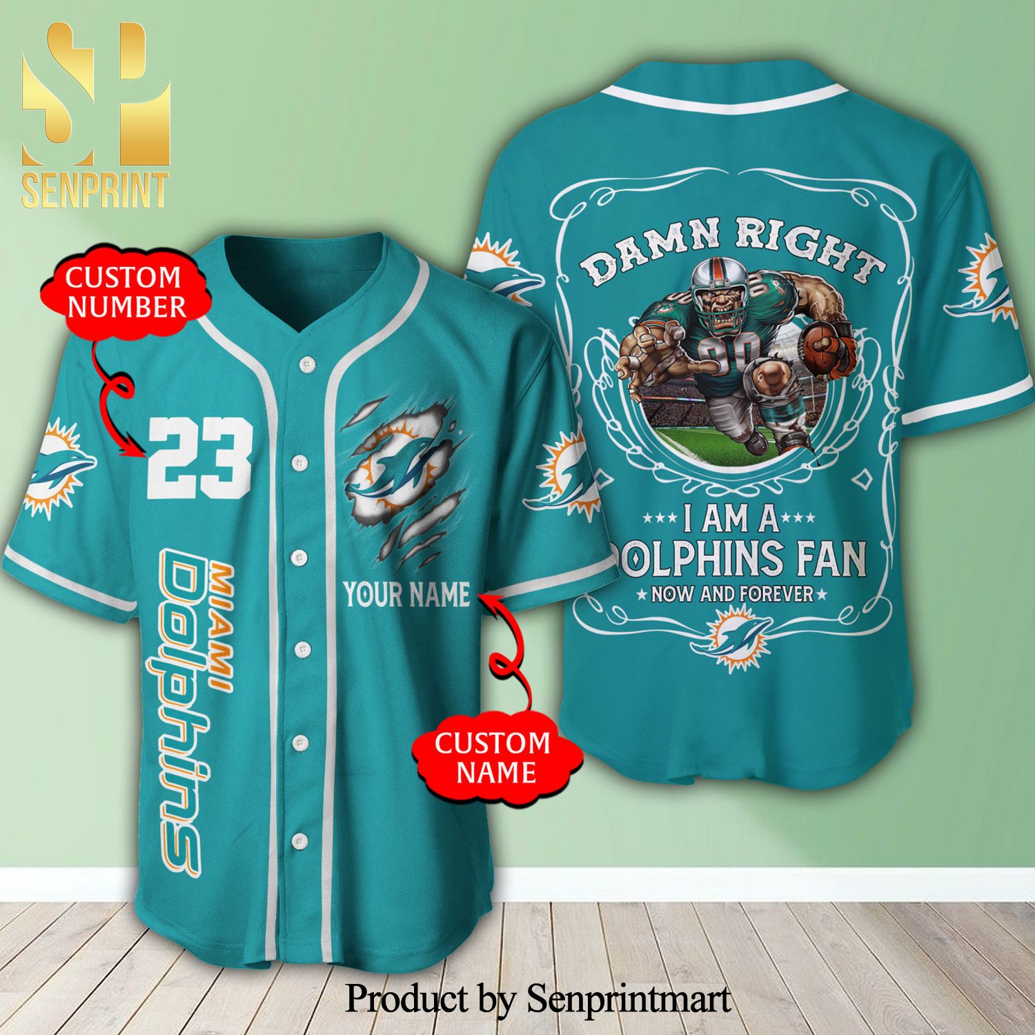 Personalized I Am A Miami Dolphins Fan Mascot Full Printing Baseball Jersey – Cyan Blue