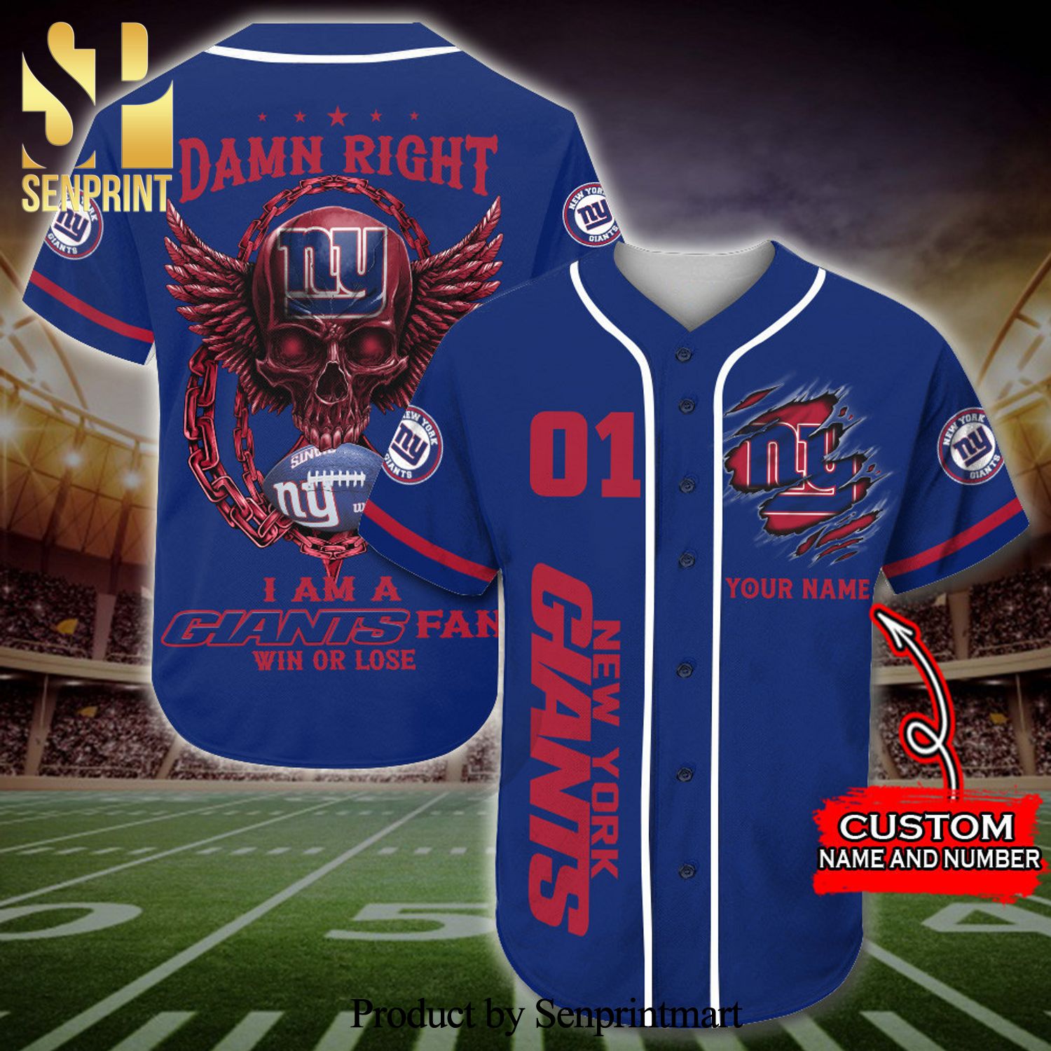 Personalized I Am A New York Giants Fan Skull Full Printing Baseball Jersey – Blue