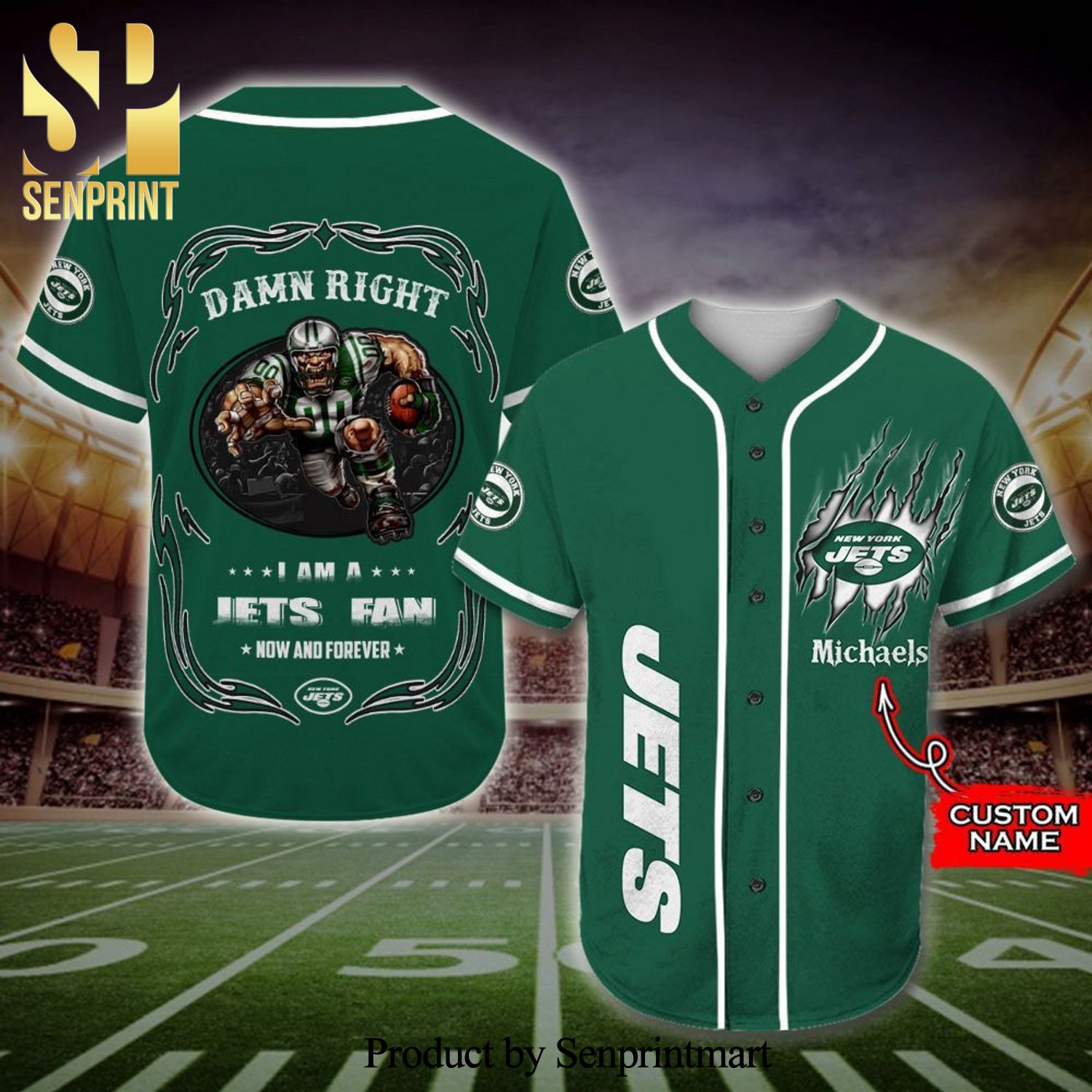 Personalized I Am A New York Jets Fan Mascot Full Printing Baseball Jersey – Green