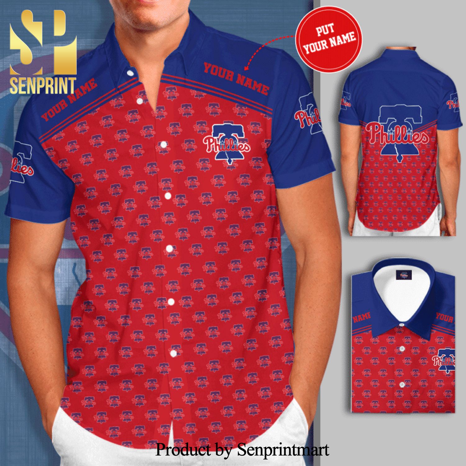 Personalized Philadelphia Phillies Logo Full Printing Short Sleeve Dress Shirt Hawaiian Summer Aloha Beach Shirt – Red Blue