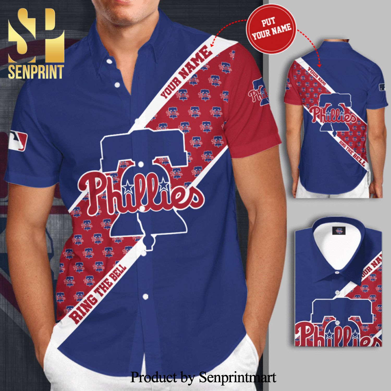 Personalized Philadelphia Phillies Ring The Bell Full Printing Short Sleeve Dress Shirt Hawaiian Summer Aloha Beach Shirt – Blue Red