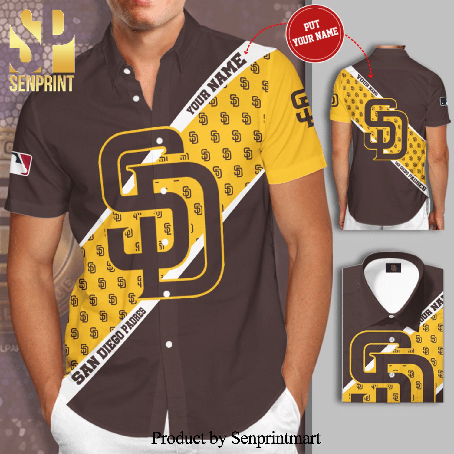 Personalized San Diego Padres Full Printing Short Sleeve Dress Shirt Hawaiian Summer Aloha Beach Shirt – Brown Yellow