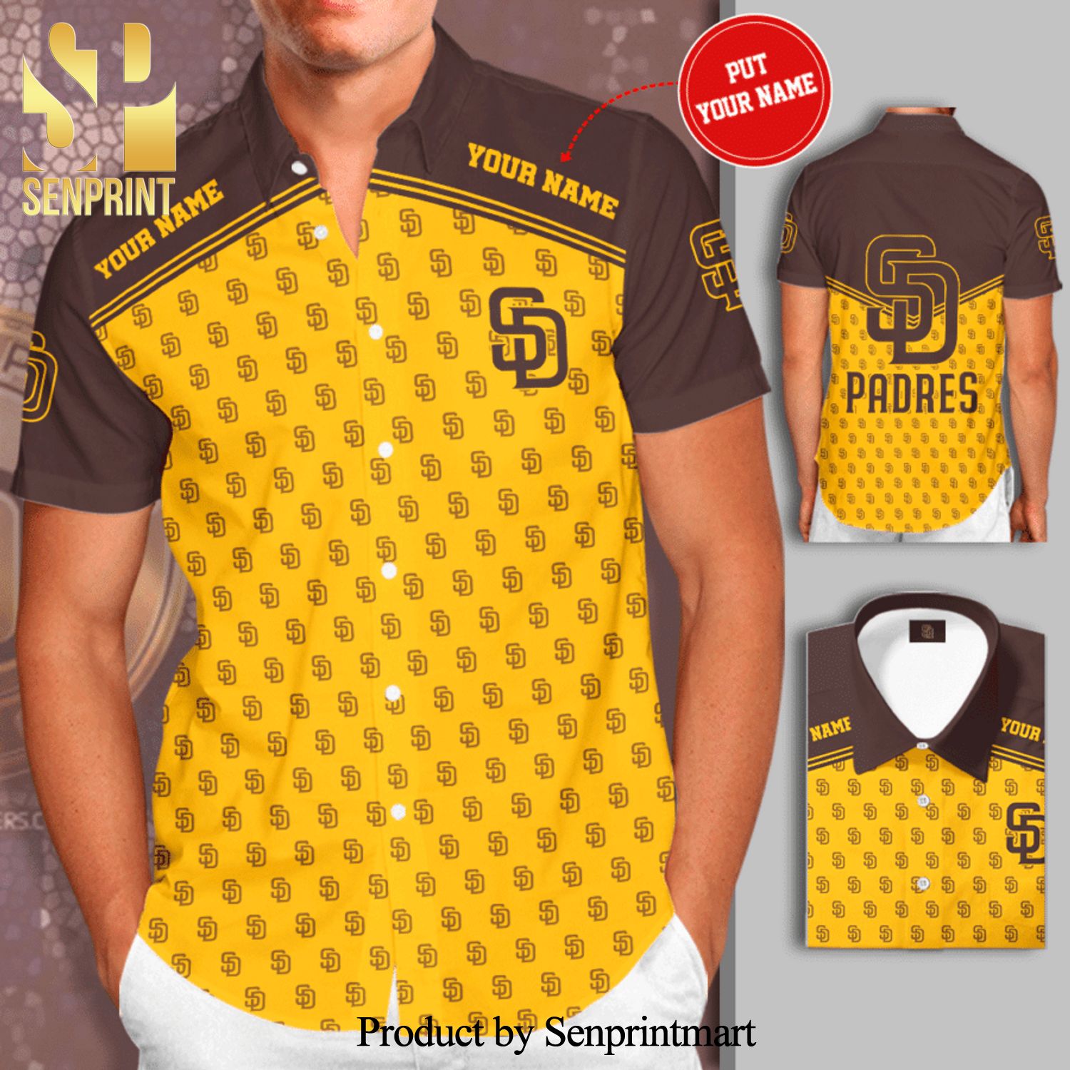 Personalized San Diego Padres Logo Full Printing Short Sleeve Dress Shirt Hawaiian Summer Aloha Beach Shirt – Yellow Brown