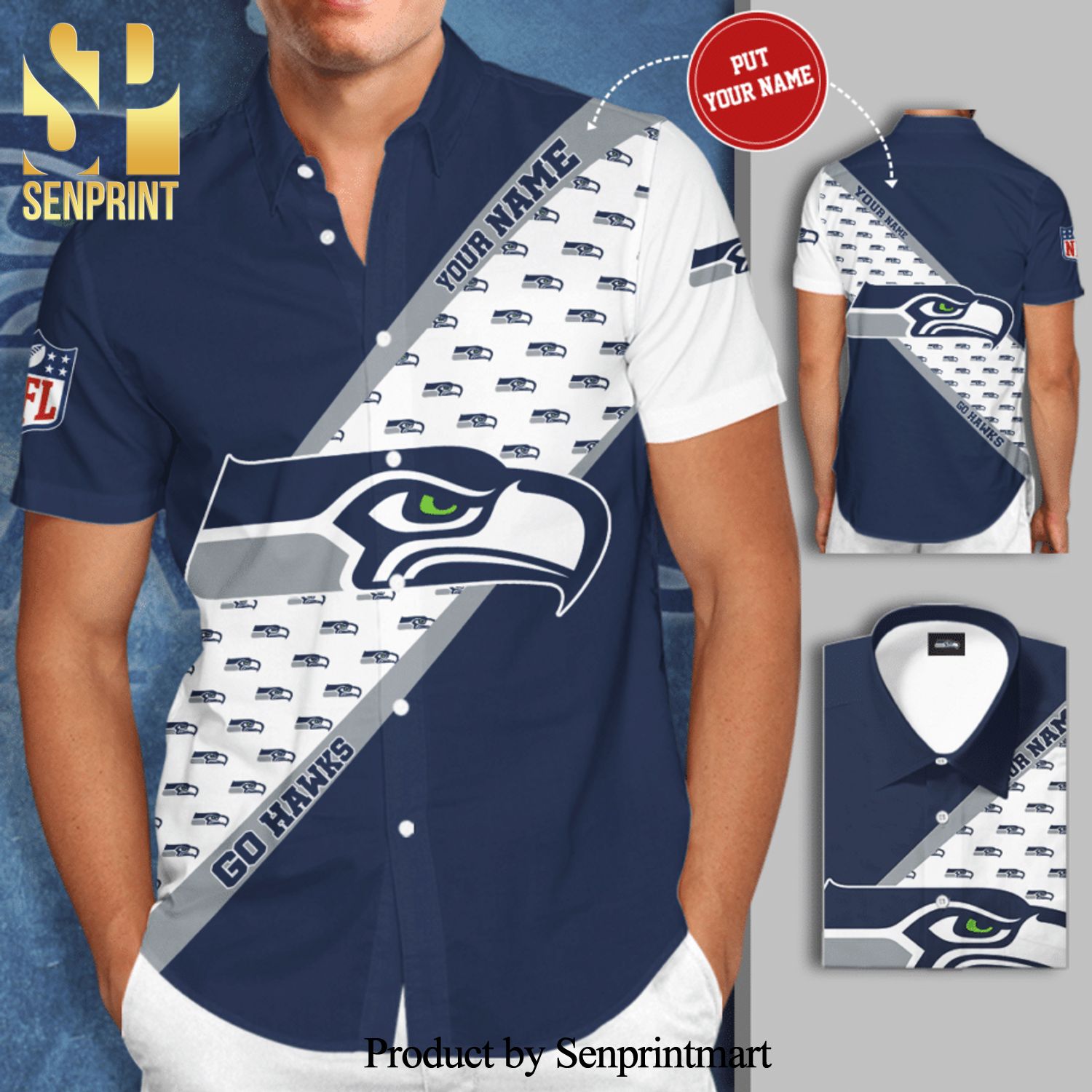 Personalized Seattle Seahawks Go Hawks Full Printing Short Sleeve Dress Shirt Hawaiian Summer Aloha Beach Shirt – Cobalt White