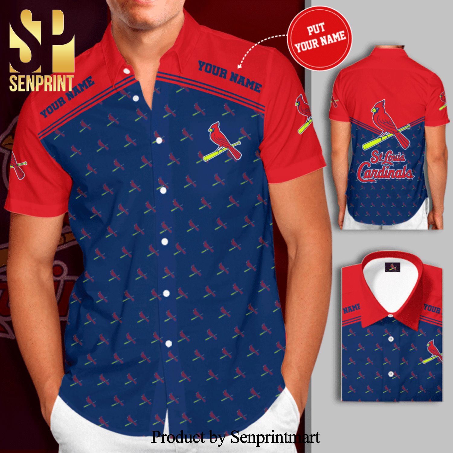 Personalized St Louis Cardinals Full Printing Short Sleeve Dress Shirt  Hawaiian Summer Aloha Beach Shirt - Navy Red - Senprintmart Store
