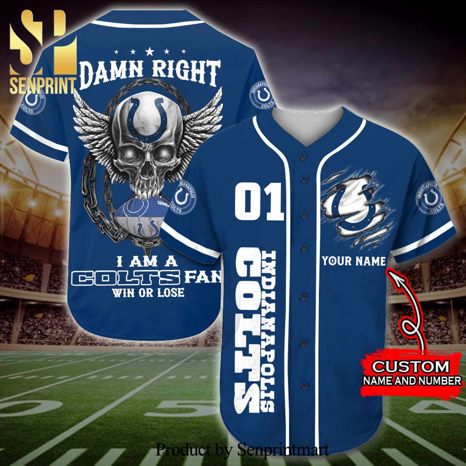 Personalized Indianapolis Colts Skull Damn Right Full Printing Baseball Jersey