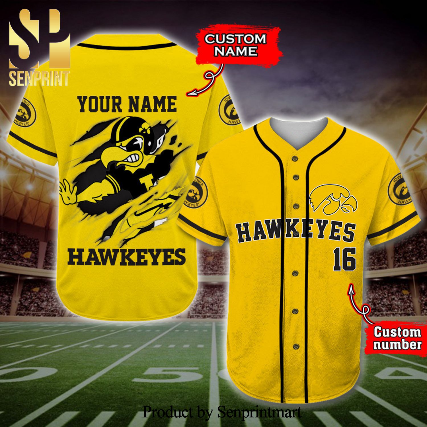 Personalized Iowa Hawkeyes Mascot Full Printing Baseball Jersey – Yellow