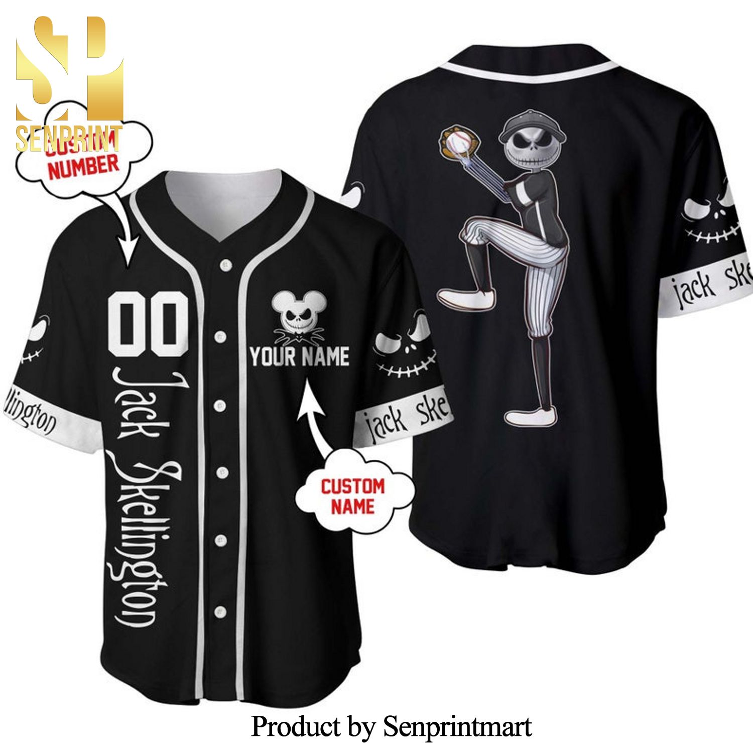 Personalized Jack Skellington Disney All Over Print Baseball Jersey – Black