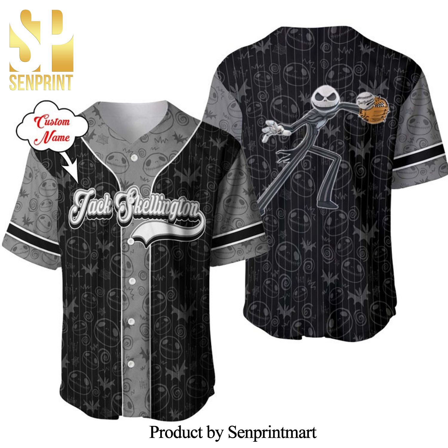 Personalized Jack Skellington Pattern Disney Full Printing Pinstripe Baseball Jersey – Black