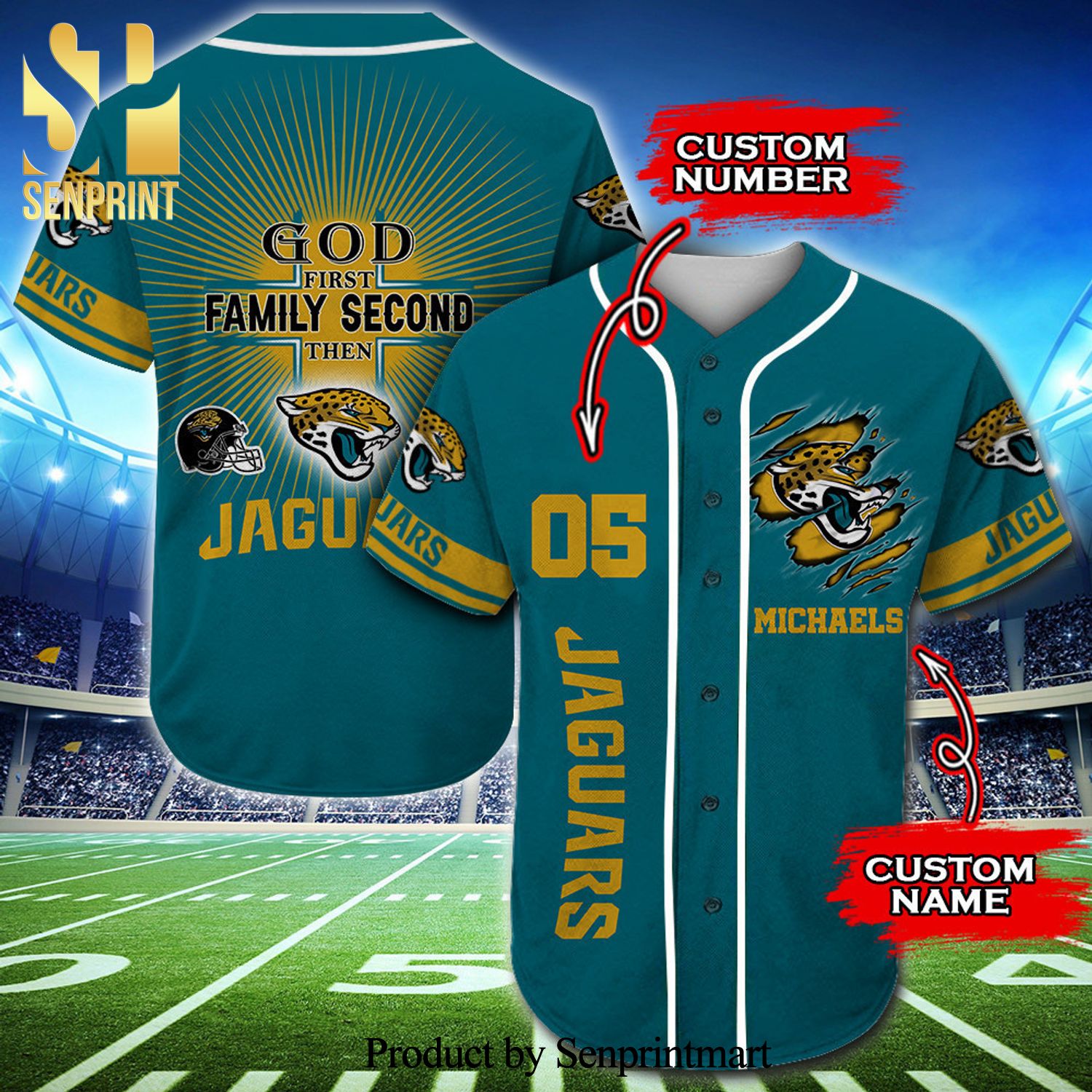 Personalized Jacksonville Jaguars God First Family Second Full Printing Baseball Jersey