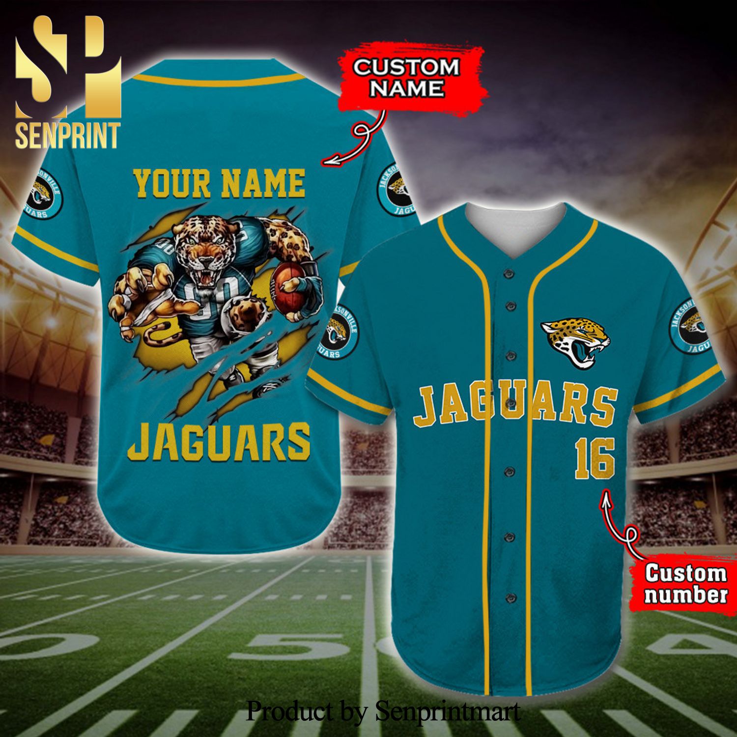 Personalized Jacksonville Jaguars Mascot Full Printing Baseball Jersey