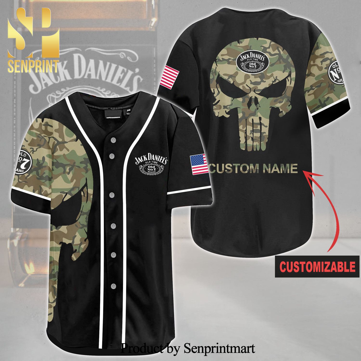 Personalized JD Old Time Skull Pattern All Over Print Camo Unisex Baseball Jersey – Black
