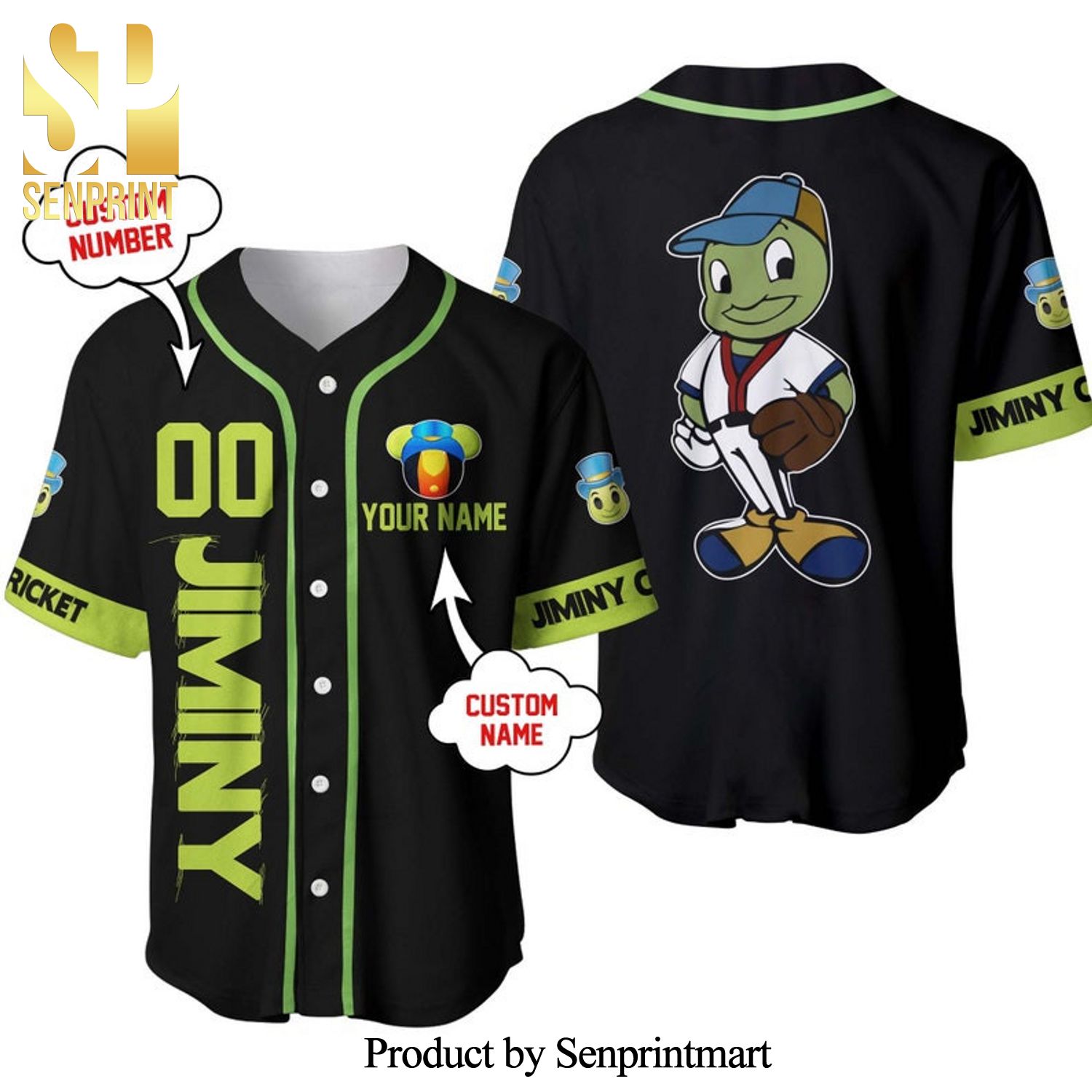 Personalized Jiminy Cricket Disney All Over Print Baseball Jersey – Black