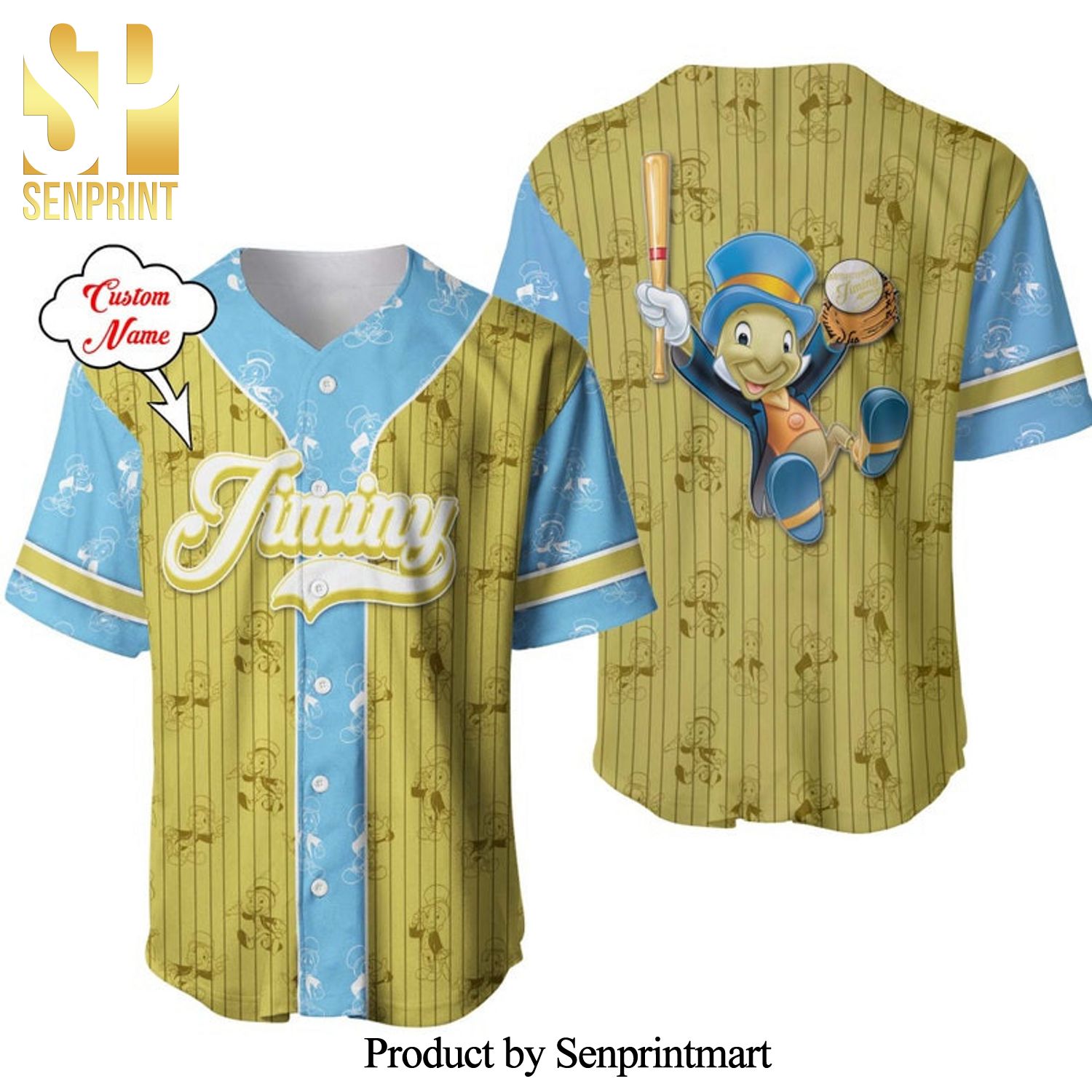 Personalized Jiminy Cricket Pattern Disney Pinocchio Full Printing Pinstripe Baseball Jersey – Green
