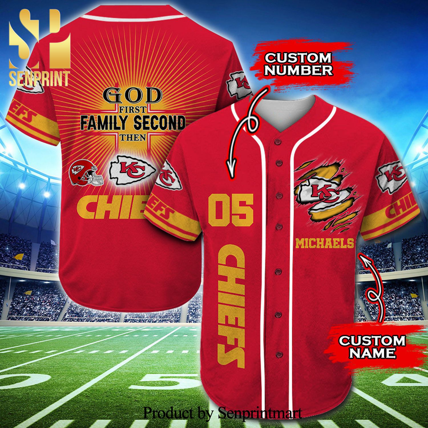 Personalized Kansas City Chiefs God First Family Second Full Printing Baseball Jersey