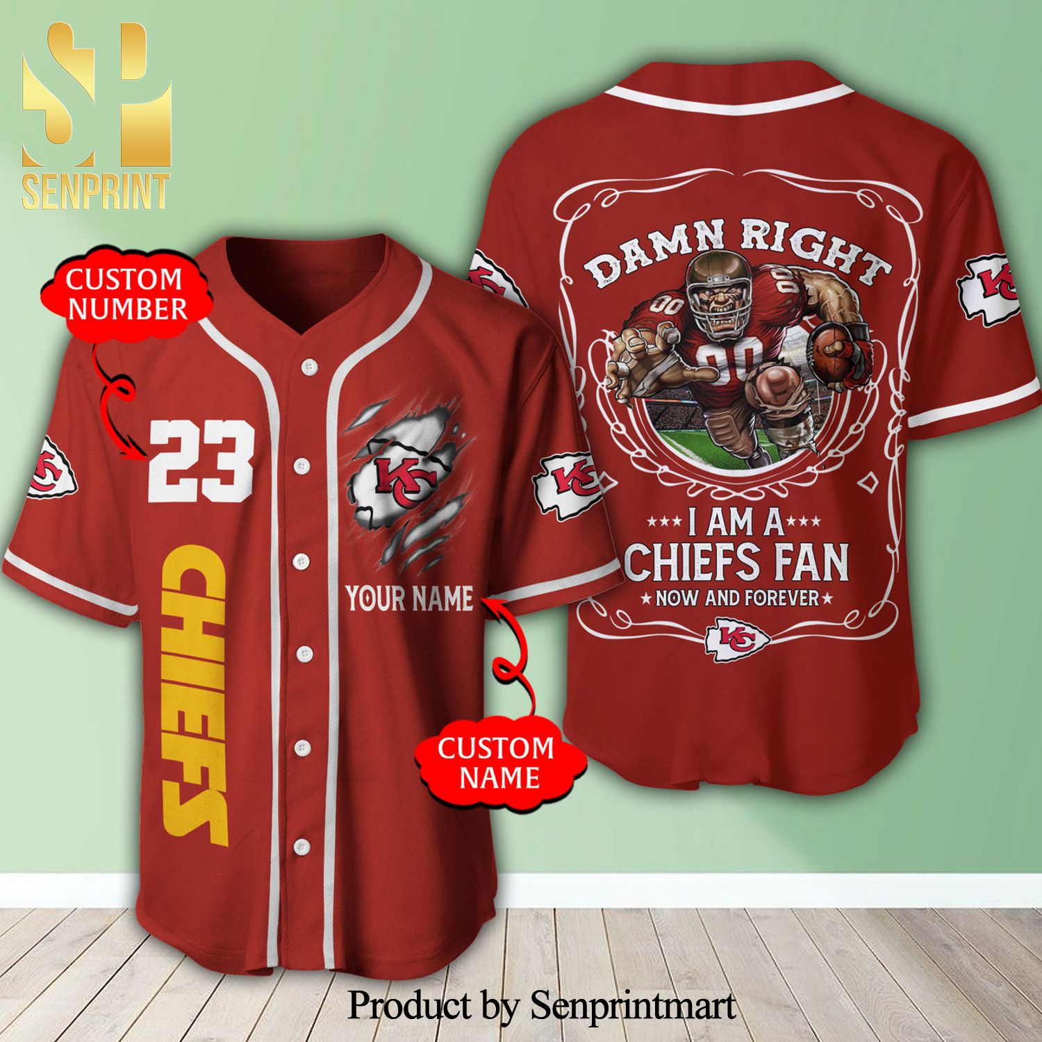 Personalized Kansas City Chiefs Mascot Damn Right Full Printing Baseball Jersey