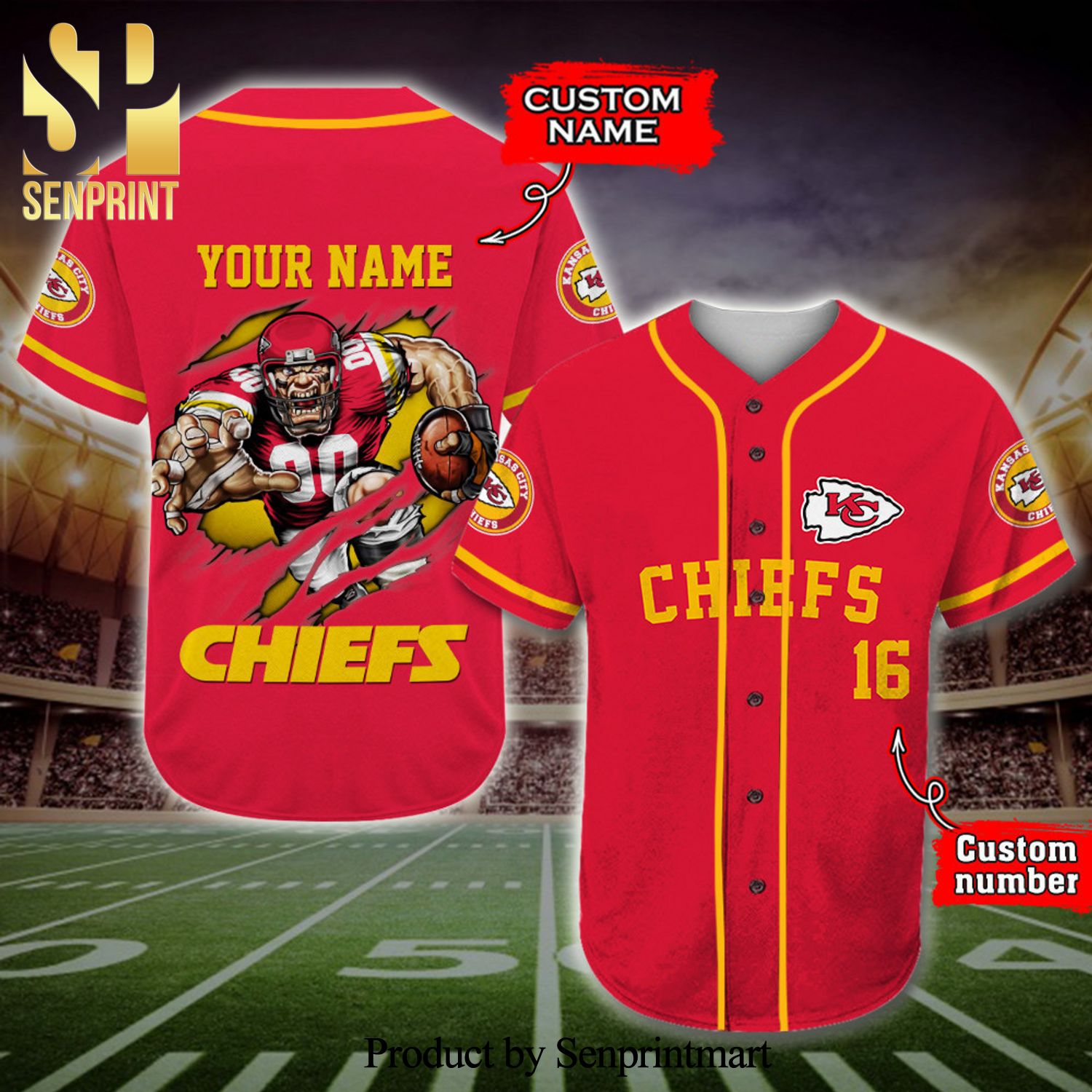 Personalized Kansas City Chiefs Mascot Full Printing Baseball Jersey – Red