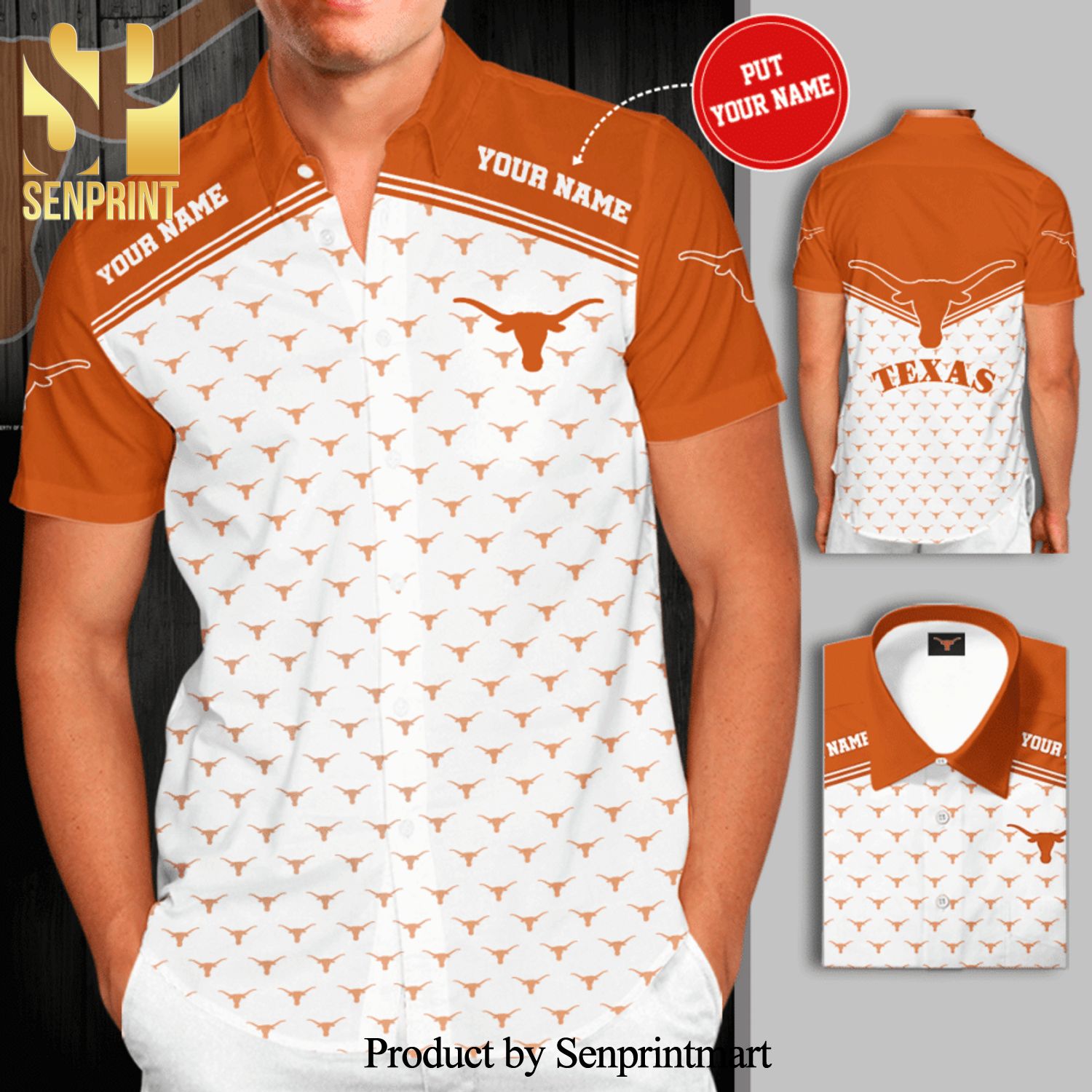 Personalized Texas Longhorns Logo Full Printing Short Sleeve Dress Shirt Hawaiian Summer Aloha Beach Shirt – White Orange