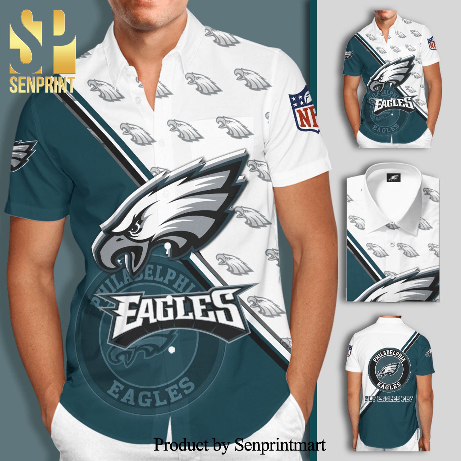 Philadelphia Eagles Logo Full Printing Short Sleeve Dress Shirt Hawaiian Summer Aloha Beach Shirt – Teal White