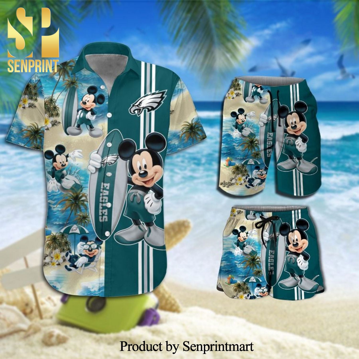 Philadelphia Eagles Mickey Mouse Full Printing Hawaiian Shirt And Beach Shorts